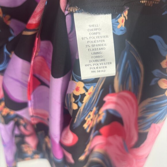 Donna Morgan High Asymmetric Neck Long Sleeve Mini Dress Lillies Black/Lilac 14 - Picture 4 of 8